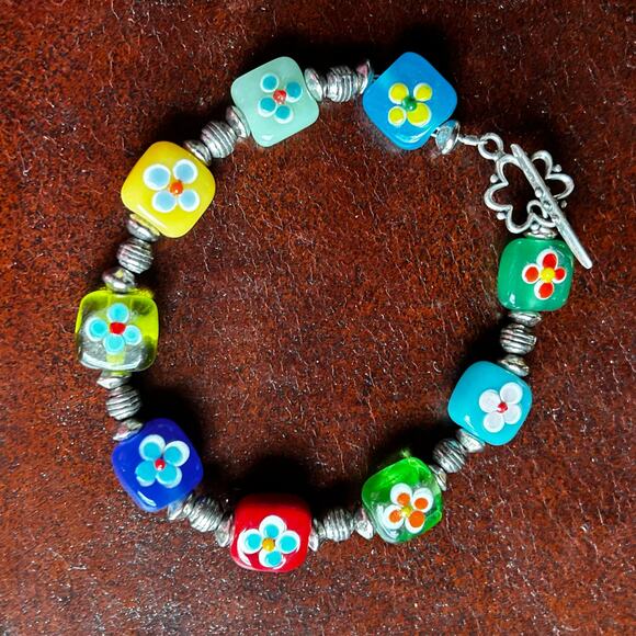 Colorful Square Flower Glass Beaded Bracelet 925 Sterling Clasp - Picture 11 of 11